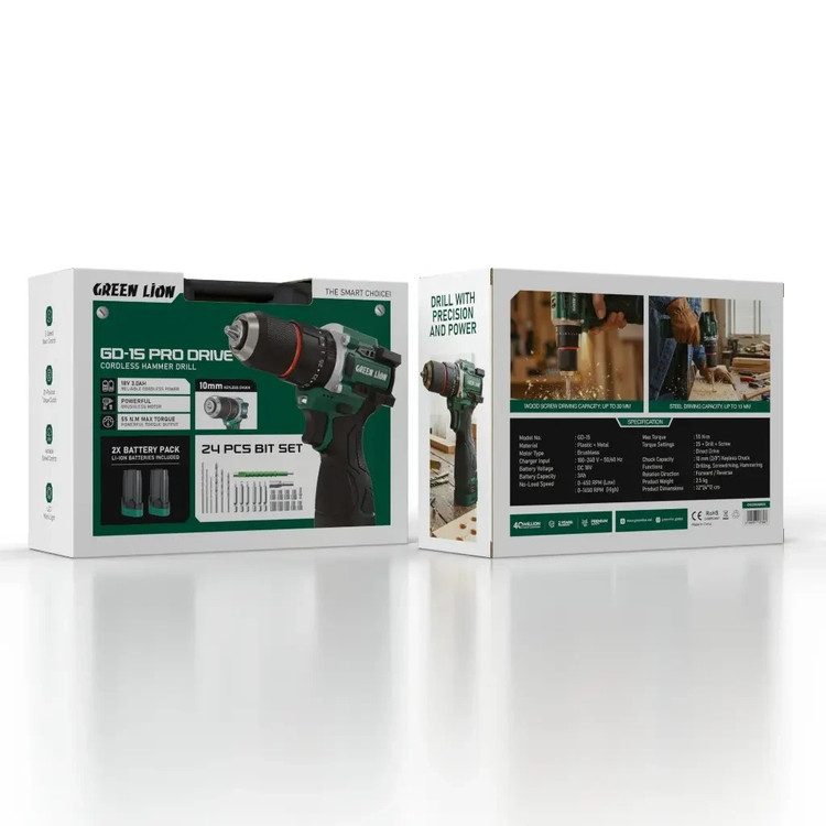 دریل چکشی شارژی گرین لاین مدل GD-15 Pro Drive با ۲ باتری ۱۸ ولت