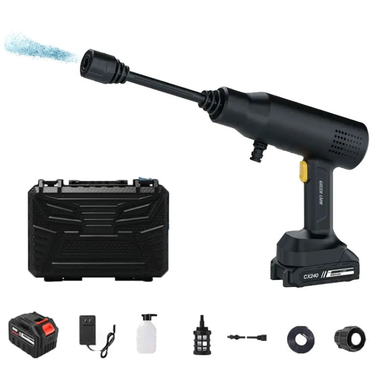 کارواش خانگی باتریدار گرین لاین مدل CX240 با توان موتور 240 وات، فشار آب 36 بار، دبی آب 4 لیتر در دقیقه و قابلیت مکش خودکار آب
