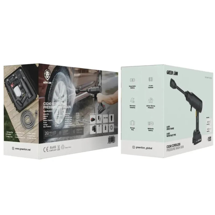 کارواش خانگی باتریدار گرین لاین مدل CX240 با توان موتور 240 وات، فشار آب 36 بار، دبی آب 4 لیتر در دقیقه و قابلیت مکش خودکار آب