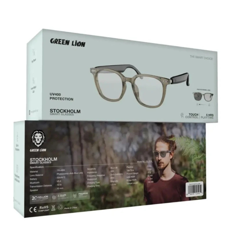 عینک هوشمند گرین لاین مدل SMART GLASSES-Stockholm، اتصال از طریق بلوتوث، شارژ از طریق کابل USB-C، محافظت در برابر اشعه فرابنفش UV400