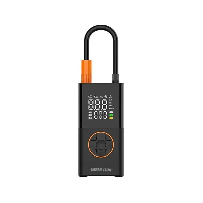 کمپرسور هوا گرین لاین مدل GTI-01 با توان 50 وات، باتری 1800 میلی‌آمپر ساعت، تنظیم فشار تا 150 PSI، نمایشگر LED، شلنگ انعطاف‌پذیر، شارژ از طریق پورت Type-C و 4 نازل مختلف همراه