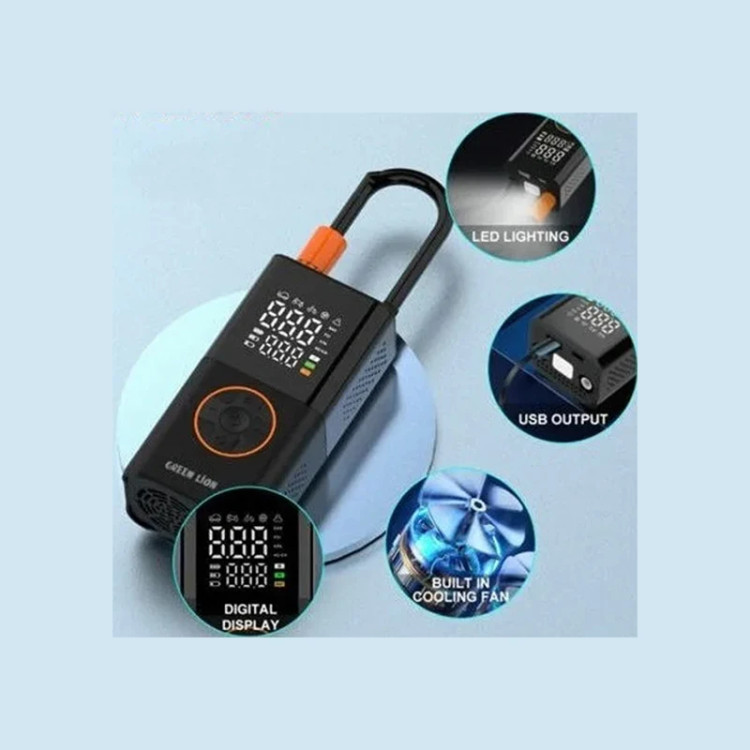 کمپرسور هوا گرین لاین مدل GTI-01 با توان 50 وات، باتری 1800 میلیآمپر ساعت، تنظیم فشار تا 150 PSI، نمایشگر LED، شلنگ انعطافپذیر، شارژ از طریق پورت Type-C و 4 نازل مختلف همراه