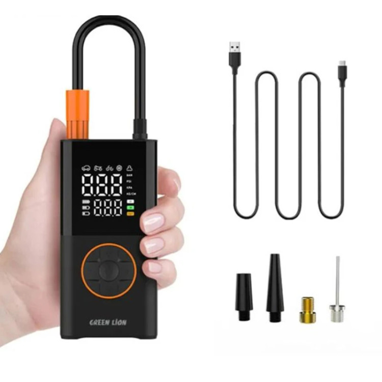 کمپرسور هوا گرین لاین مدل GTI-01 با توان 50 وات، باتری 1800 میلیآمپر ساعت، تنظیم فشار تا 150 PSI، نمایشگر LED، شلنگ انعطافپذیر، شارژ از طریق پورت Type-C و 4 نازل مختلف همراه