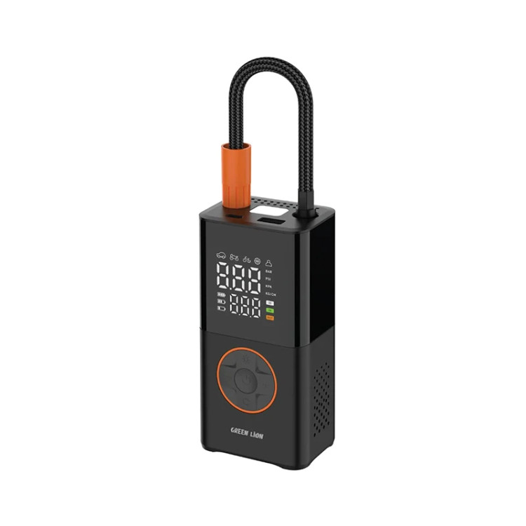 کمپرسور هوا گرین لاین مدل GTI-01 با توان 50 وات، باتری 1800 میلیآمپر ساعت، تنظیم فشار تا 150 PSI، نمایشگر LED، شلنگ انعطافپذیر، شارژ از طریق پورت Type-C و 4 نازل مختلف همراه