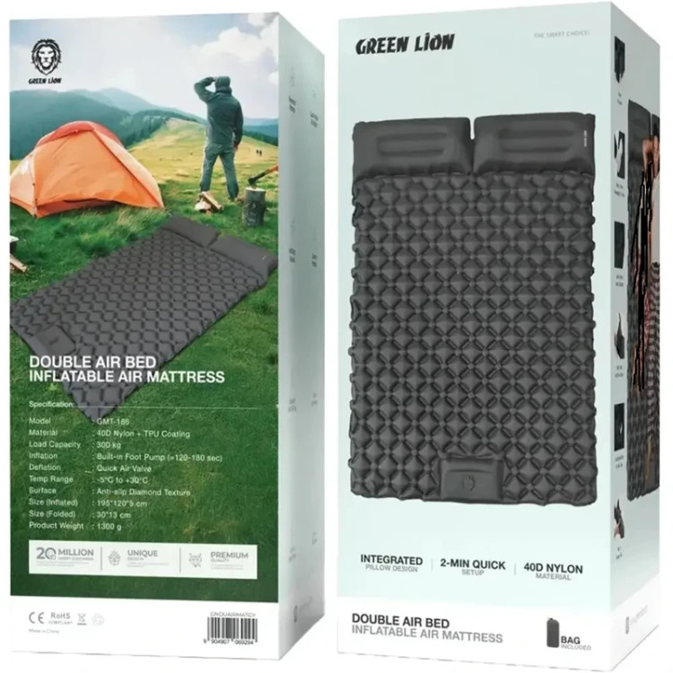 تشک بادی دو نفره گرین لاین مدل Inflatable Air Mattress با جنس نایلون 40D و روکش TPU، دارای پمپ پایی داخلی، سطح ضدآب و ضدلغزش با بافت الماسی، ظرفیت تحمل وزن 300 کیلوگرم و ابعاد 195x120x5 سانتیمتر مناسب کمپینگ و سفر
