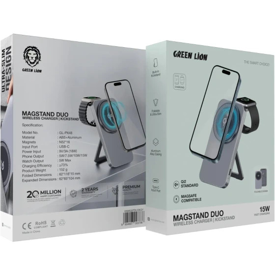 شارژر بی سیم گرین لاین مدل Magstand Duo ظرفیت ۱۵ وات