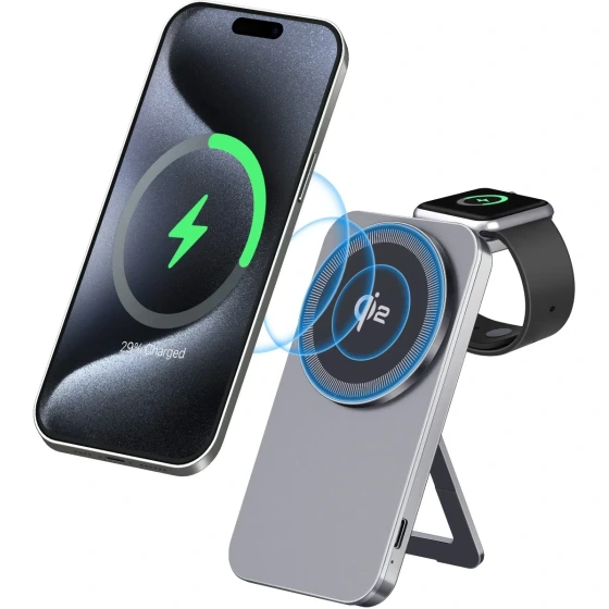 شارژر بی سیم گرین لاین مدل Magstand Duo ظرفیت ۱۵ وات