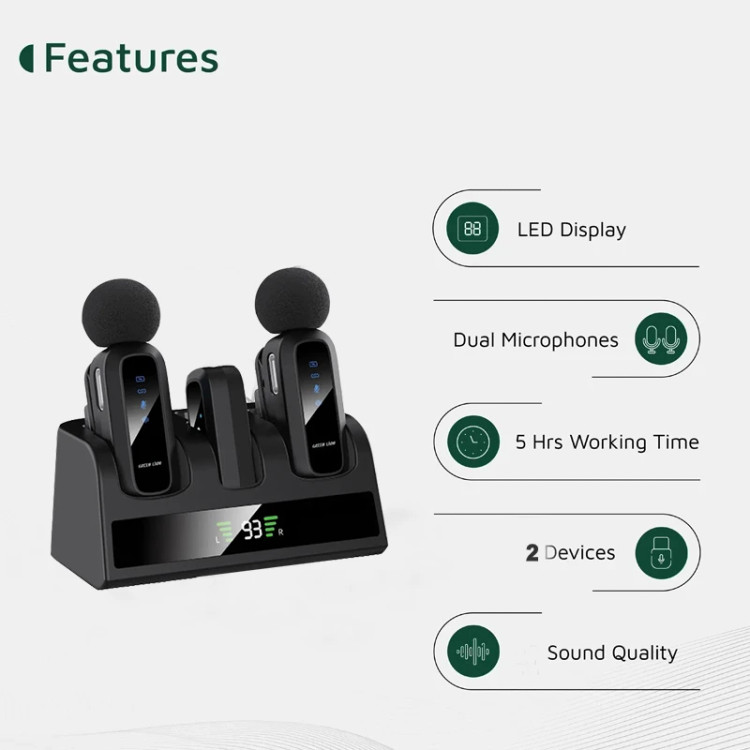 ست میکروفون بیسیم گرین لاین مدل GM-89X با درگاه USB Type-C و مبدل لایتنینگ، دارای قابلیت کاهش نویز