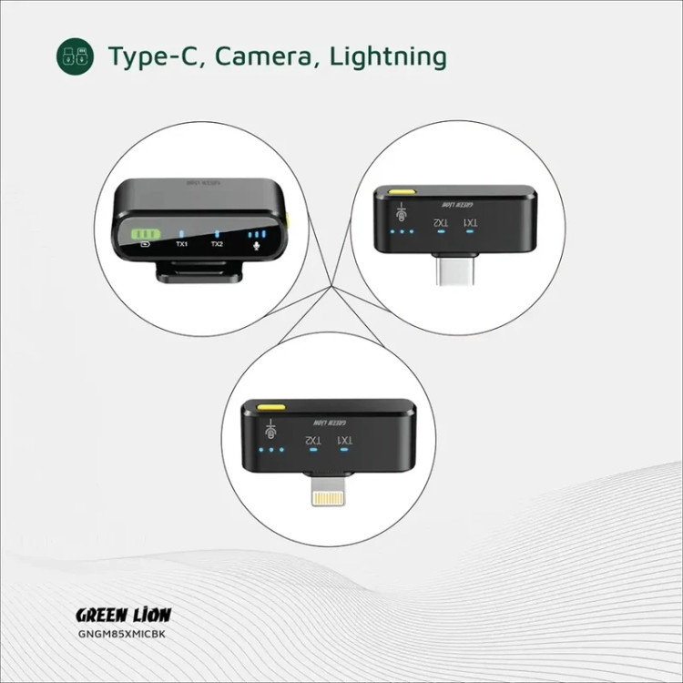ست میکروفن بیسیم گرین لاین مدل GM-85X با درگاه USB Type-C و لایتنینگ، دارای قابلیت کاهش نویز