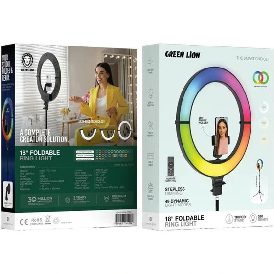 چراغ حلقهای گرین لاین ۱۸ اینچی تاشو با نور RGB و سهپایه بلند