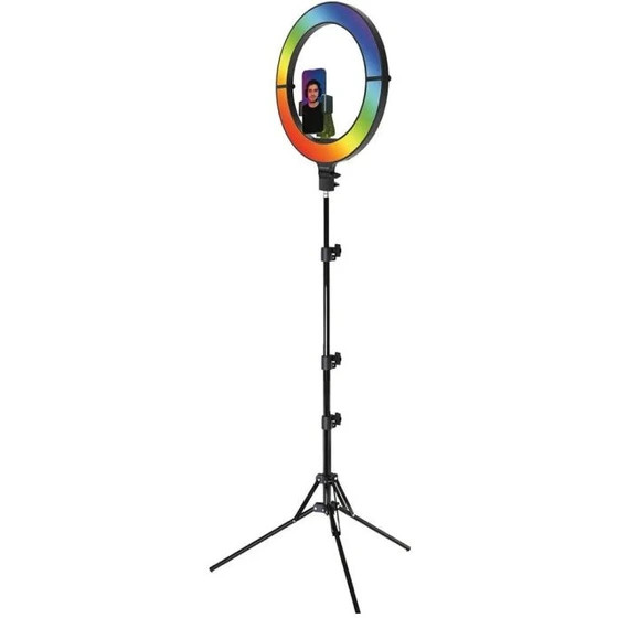 چراغ حلقهای گرین لاین ۱۸ اینچی تاشو با نور RGB و سهپایه بلند