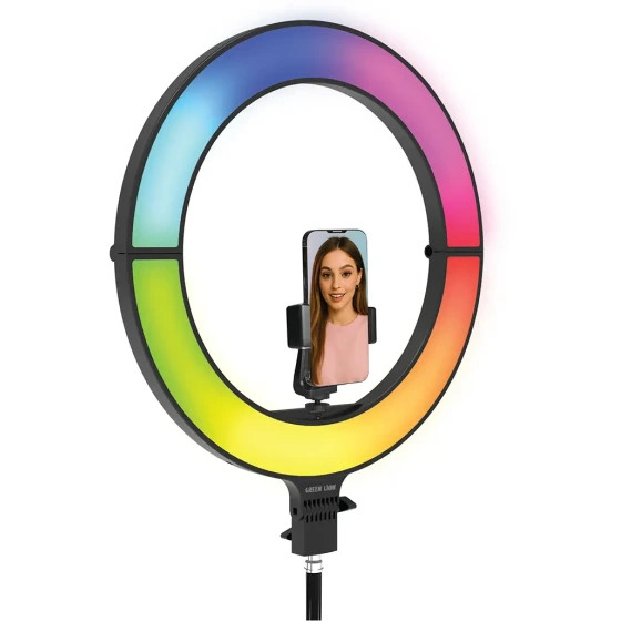 چراغ حلقهای گرین لاین ۱۸ اینچی تاشو با نور RGB و سهپایه بلند