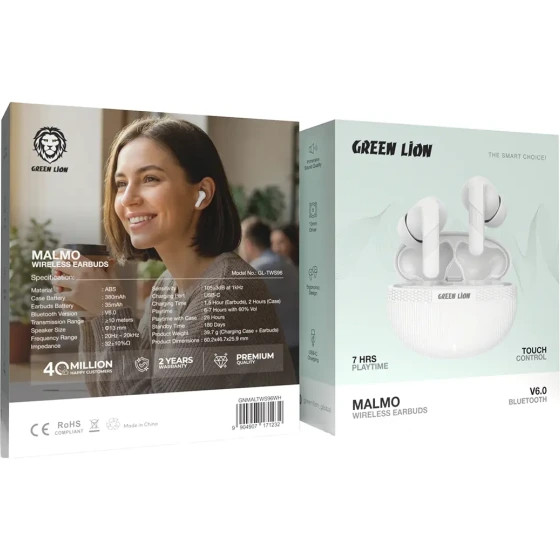 هندزفری بلوتوثی گرین لاین مالمو - Green Lion MALMO Wireless Earbuds (مشکی و سفید) - سفید
