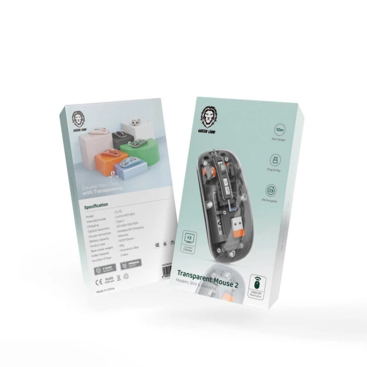 ماوس بی سیم گرین لاین مدل Transparent Mouse 2، قابلیت اتصال با دانگل USB و بلوتوث، دارای 5 کلید، حسگر اپتیکال، بلوتوث نسخه 4، وزن 120 گرم