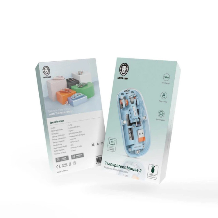 ماوس بی سیم گرین لاین مدل Transparent Mouse 2، قابلیت اتصال با دانگل USB و بلوتوث، دارای 5 کلید، حسگر اپتیکال، بلوتوث نسخه 4، وزن 120 گرم