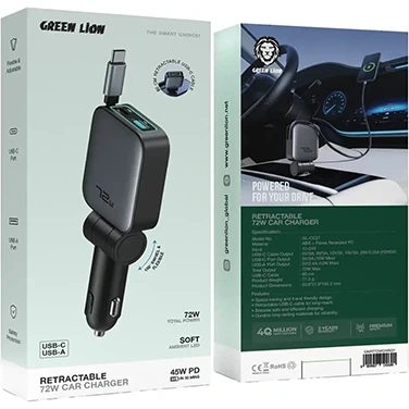 شارژر فندکی 72W گرین لاین GREEN LION RETRACTABLE GL-CC27