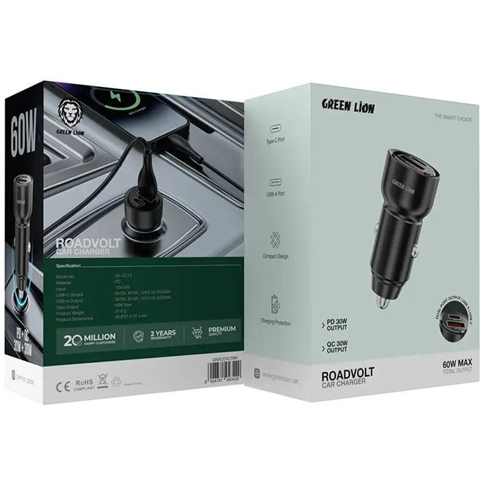شارژر فندکی گرین لاین مدل RoadVolt ظرفیت ۶۰ وات دو پورت