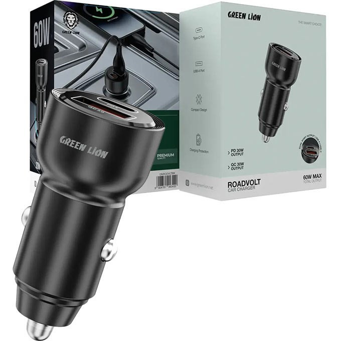 شارژر فندکی گرین لاین مدل RoadVolt ظرفیت ۶۰ وات دو پورت