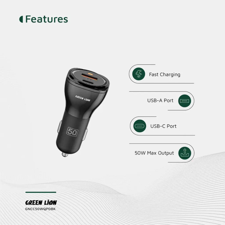 شارژر فندکی Green Lion Dual Port Car Charger 50W (with C to C / C to L Cable)