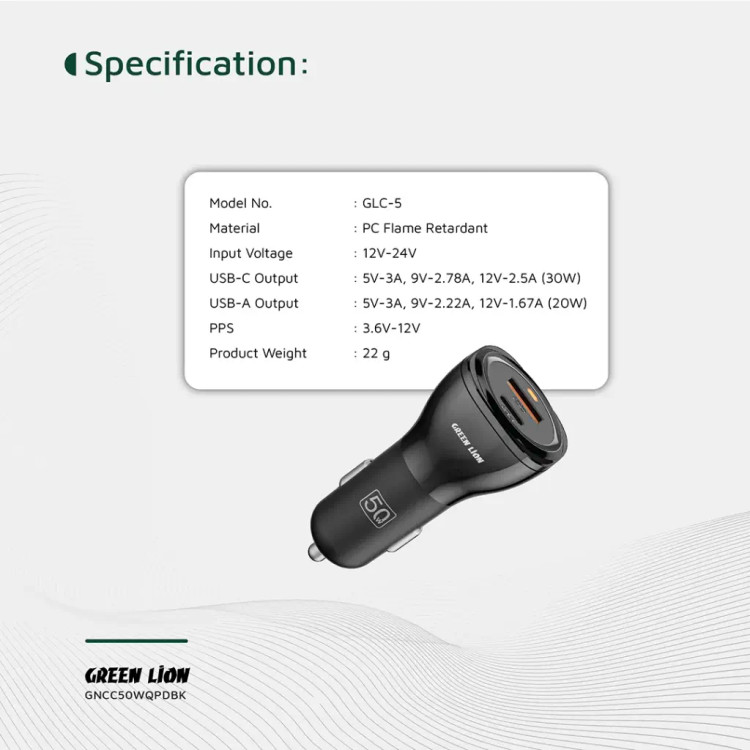 شارژر فندکی Green Lion Dual Port Car Charger 50W (with C to C / C to L Cable)