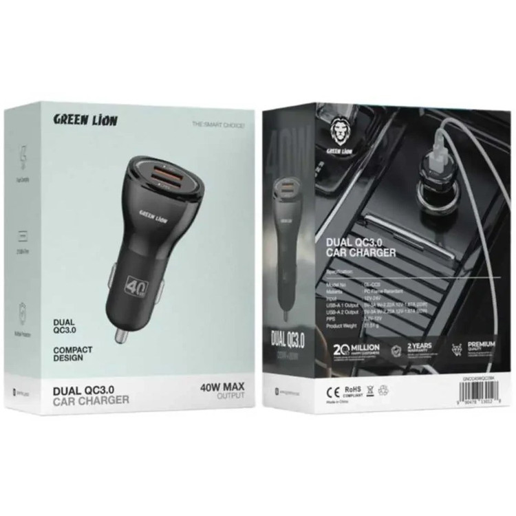 شارژر فندکی 40 وات گرین لاین مدل dual qc3.0
