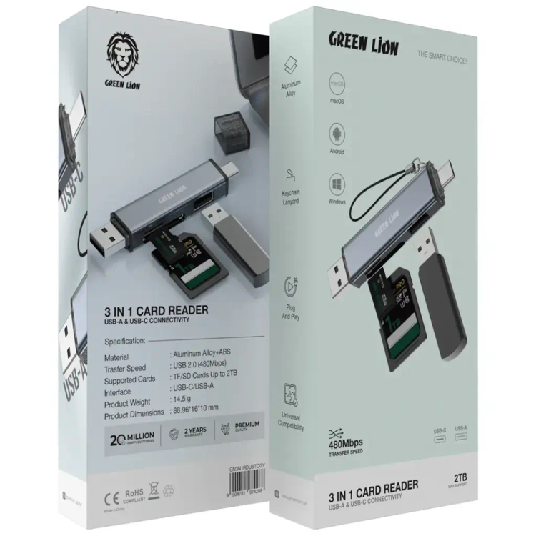 کارت خوان و رم ریدر گرین لاین مدل 3IN1 ظرفیت ۳ کاره با USB-C و لایتنینگ