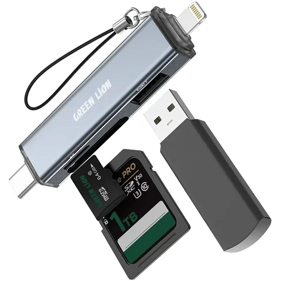 کارت خوان و رم ریدر گرین لاین مدل 3IN1 ظرفیت ۳ کاره با USB-C و لایتنینگ