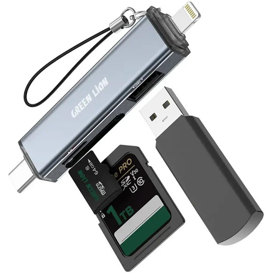 کارت خوان و رم ریدر گرین لاین مدل 3IN1 ظرفیت ۳ کاره با USB-C و لایتنینگ