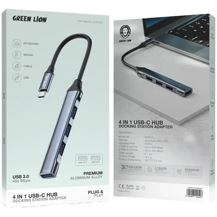 هاب USB چهارکاره گرین لاین 4 در 1 با تبدیل USB-C و انتقال داده پرسرعت | GN4N11HUSBCBK