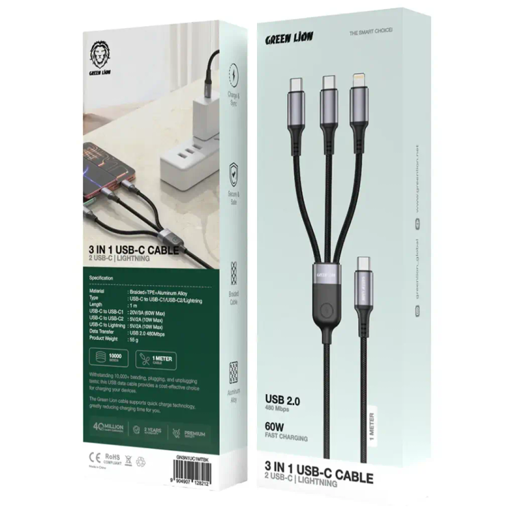کابل ۳ در ۱ گرین لاین (Green Lion) با رابطهای USB-C و Lightning - توان ۶۰ وات - طول ۱ متر