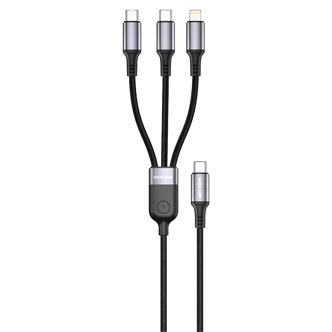کابل ۳ در ۱ گرین لاین (Green Lion) با رابط‌های USB-C و Lightning - توان ۶۰ وات - طول ۱ متر