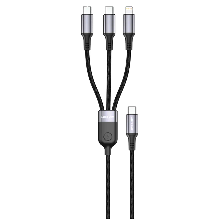 کابل ۳ در ۱ گرین لاین (Green Lion) با رابطهای USB-C و Lightning - توان ۶۰ وات - طول ۱ متر