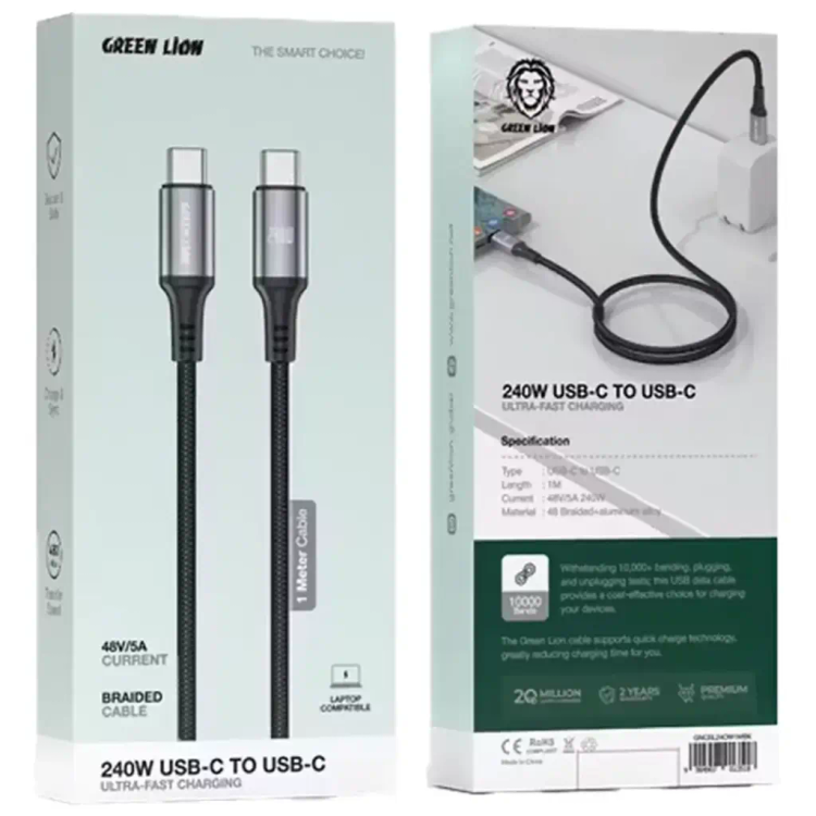 کابل تبدیل 2 در 2 با روکش بافتنی A به C و C به لایتنینگ گرین لاین 2In-2 Braided Fast Charging Cable