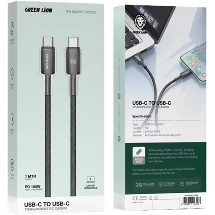 کابل کنفی Green Lion Lumi Charge با کانکتورهای USB-C به USB-C، طول ۱ متر و پشتیبانی از فناوری PD با توان ۱۰۰ وات