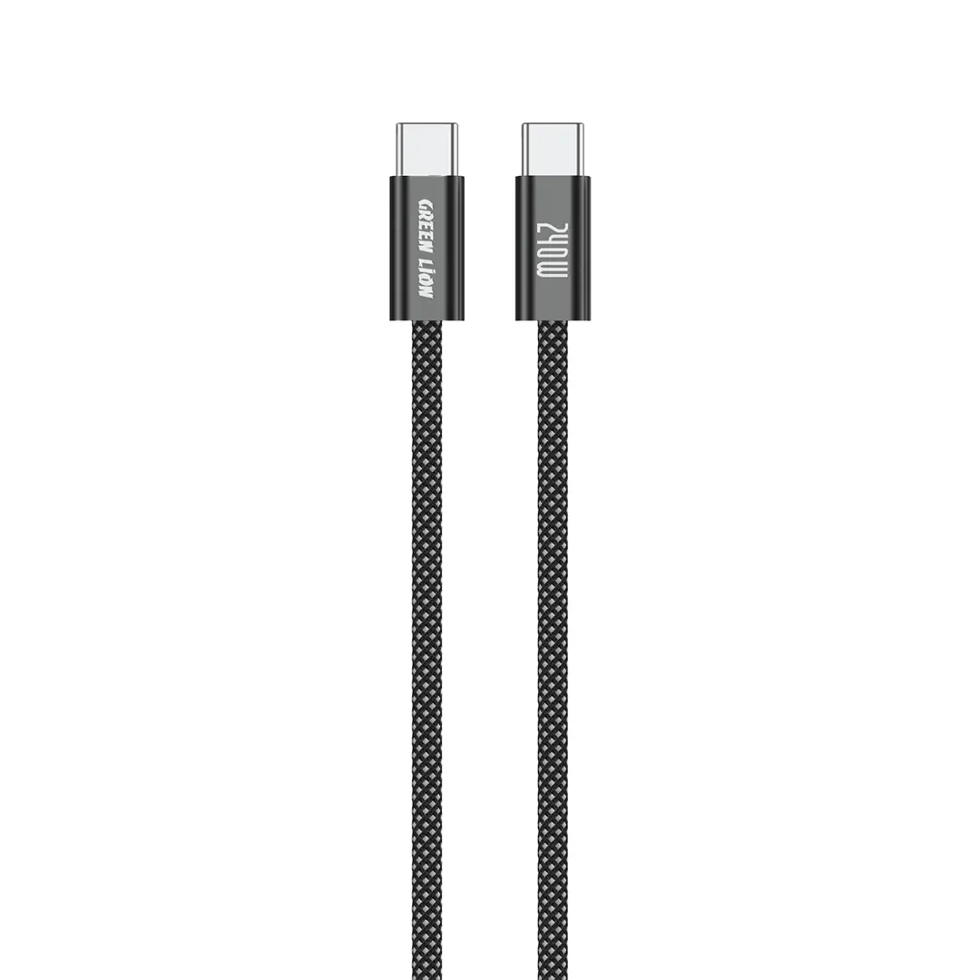 کابل ۱ متری Green Lion با کانکتورهای USB-C به USB-C، روکش کنفی (بافته‌شده) و بدنه شفاف، با پشتیبانی از فناوری PD و توان ۱۰۰ وات