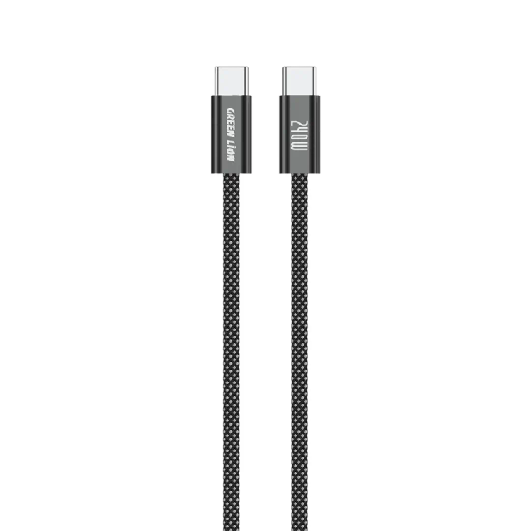 کابل ۱ متری Green Lion با کانکتورهای USB-C به USB-C، روکش کنفی (بافتهشده) و بدنه شفاف، با پشتیبانی از فناوری PD و توان ۱۰۰ وات