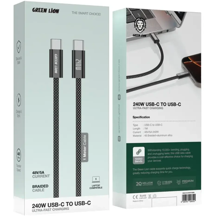 کابل ۱ متری Green Lion با کانکتورهای USB-C به USB-C، روکش کنفی (بافتهشده) و بدنه شفاف، با پشتیبانی از فناوری PD و توان ۱۰۰ وات