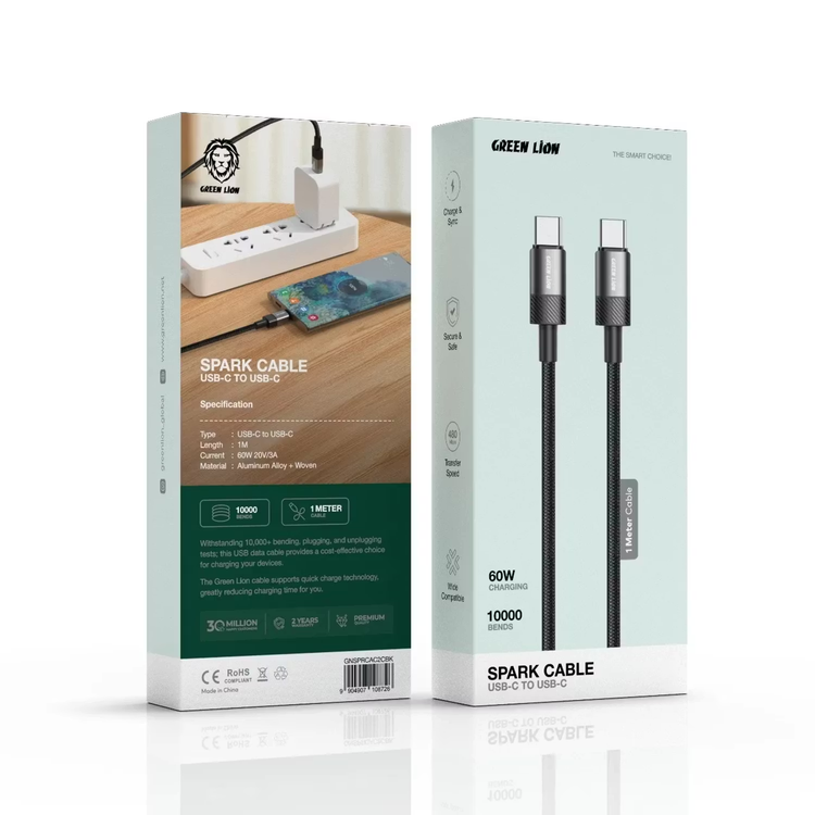 کابل Green Lion مدل Spark با کانکتورهای USB-C به USB-C و توان ۶۰ وات