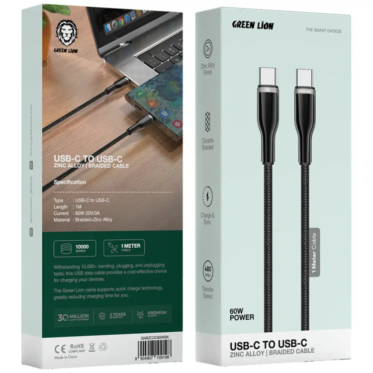 کابل بافتهشده گرین لاین با کانکتور آلیاژ روی، USB-C به USB-C، توان ۶۰ وات